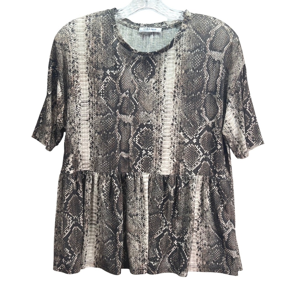 Zara Trafaluc Womens Snakeskin Print Ribbed Peplum Top Brown Grey Size L
